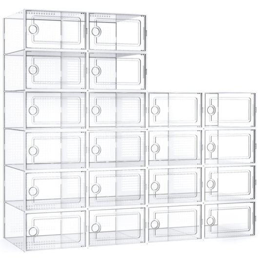X-Large Shoe Storage Boxes,20 Pack Shoe Storage Organizer,Clear Stackable Shoe Box for Closet,Space Saving Foldable Sneaker Container,White