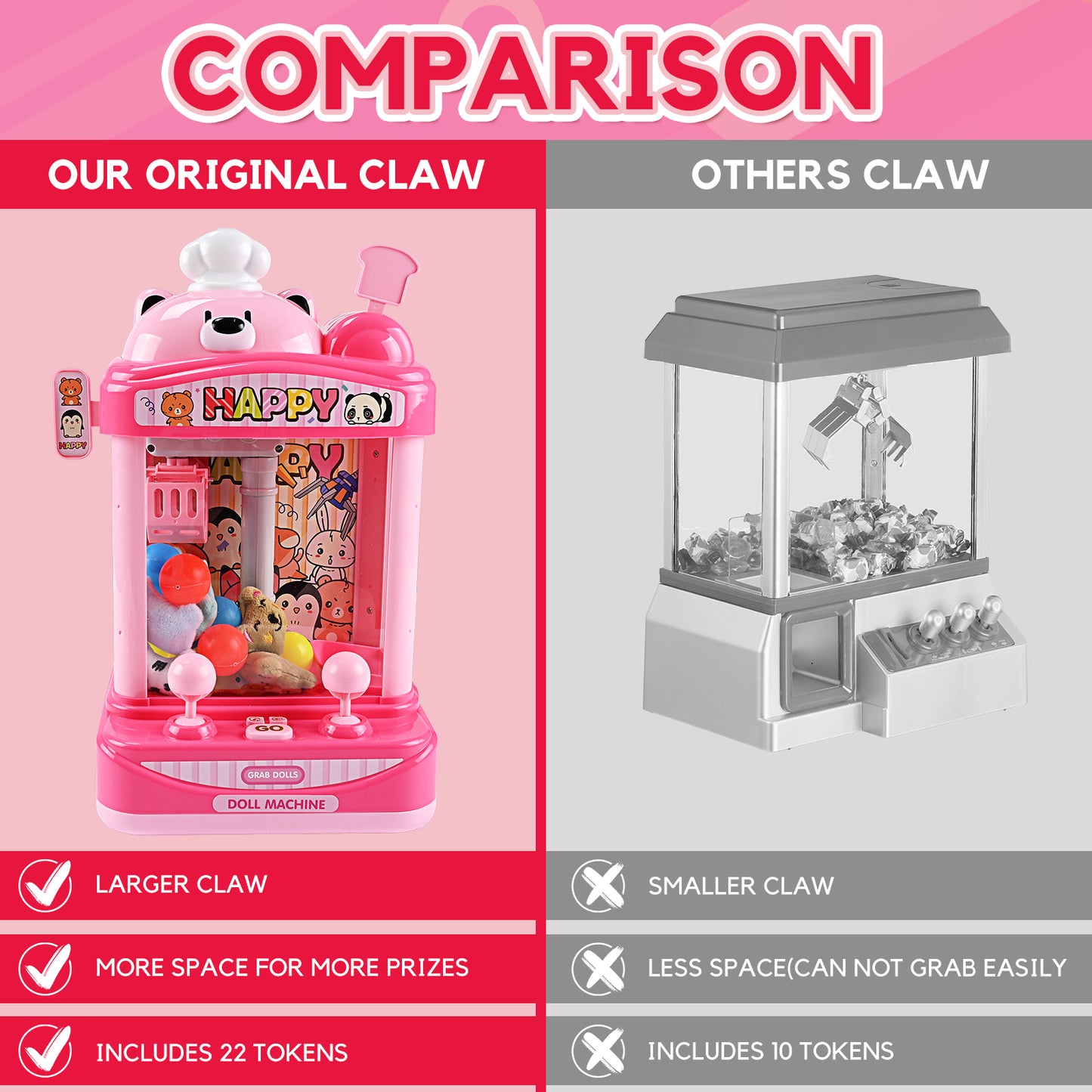 Claw Machine Arcade Toy with Adjustable Sound, Mini Doll Grabber Prize Dispenser Vending Toy Christmas & Birthday Gifts for Kids, Pink