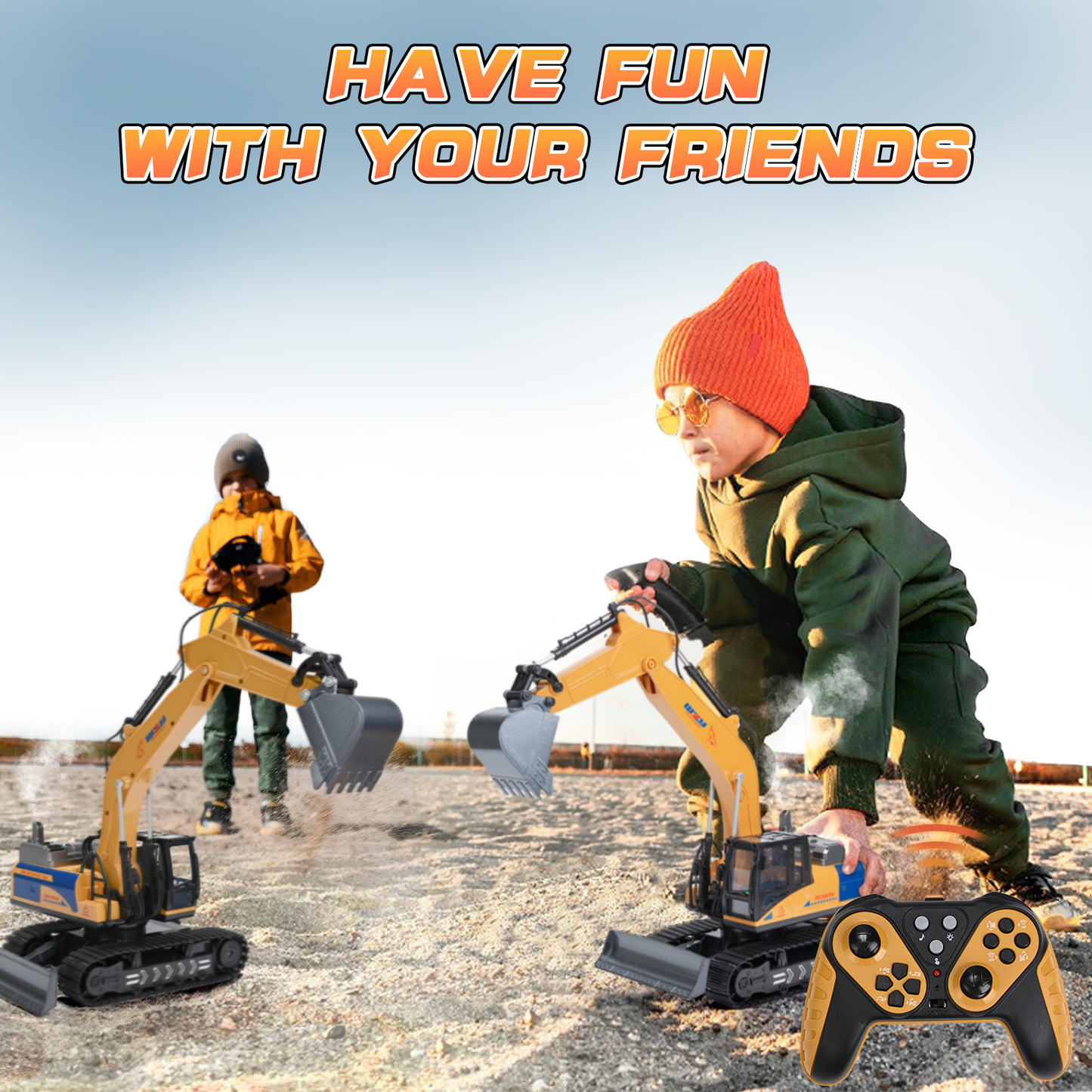 Remote Control Excavator, 15 Channel RC Construction Bulldozer Vehicles Toys with Metal Shovel, Lights, Sounds and Spraying, Gifts for Kids 3-12 Years Old