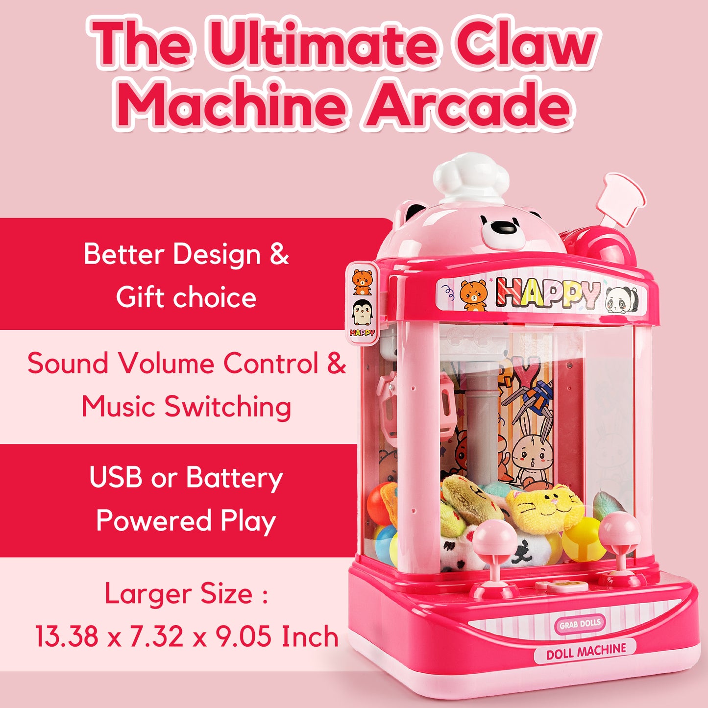 Claw Machine Arcade Toy with Adjustable Sound, Mini Doll Grabber Prize Dispenser Vending Toy Christmas & Birthday Gifts for Kids, Pink