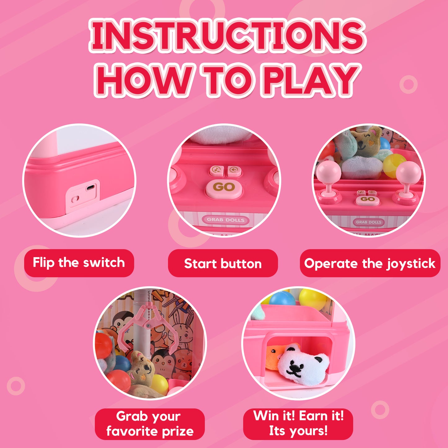 Claw Machine Arcade Toy with Adjustable Sound, Mini Doll Grabber Prize Dispenser Vending Toy Christmas & Birthday Gifts for Kids, Pink