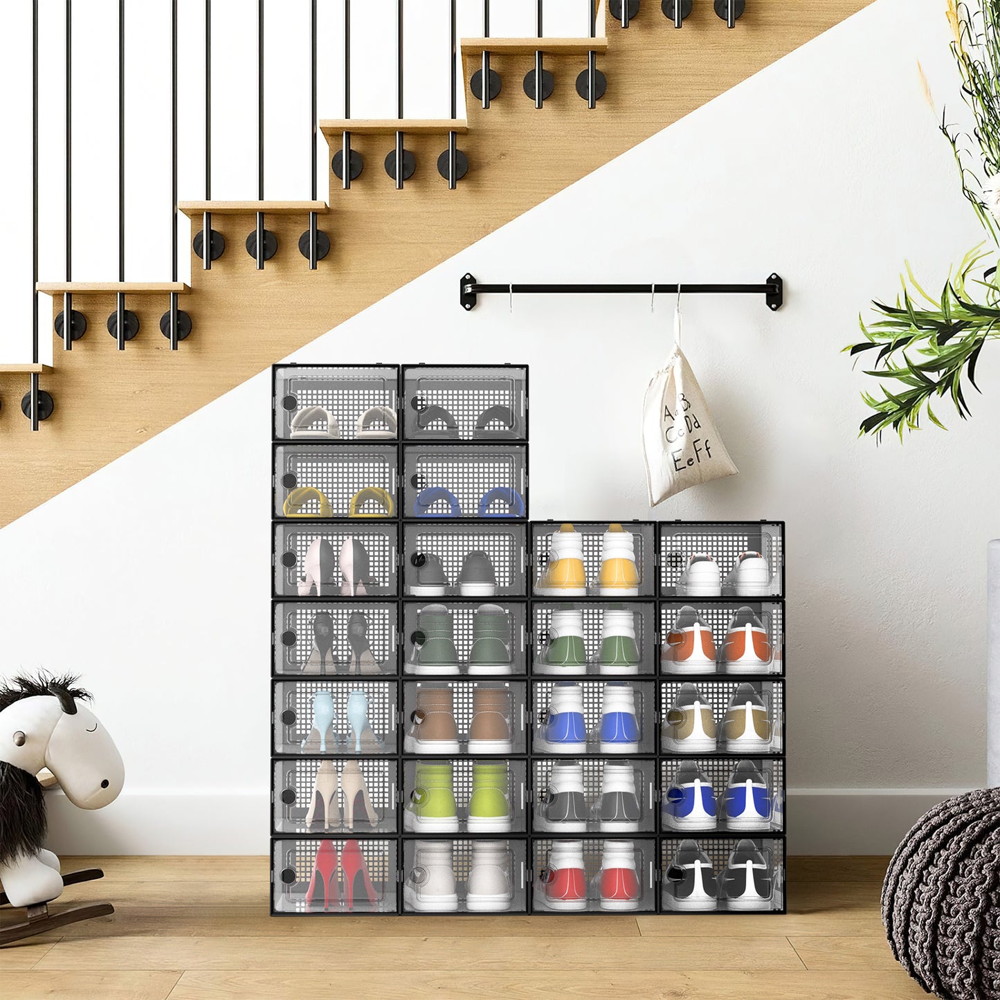 JakMean 24 Pack X-Large Shoe Storage Boxes, Clear Waterproof Stackable Shoe Box Foldable Plastic Shoe Storage Organizer for Entryway, Closet, Black