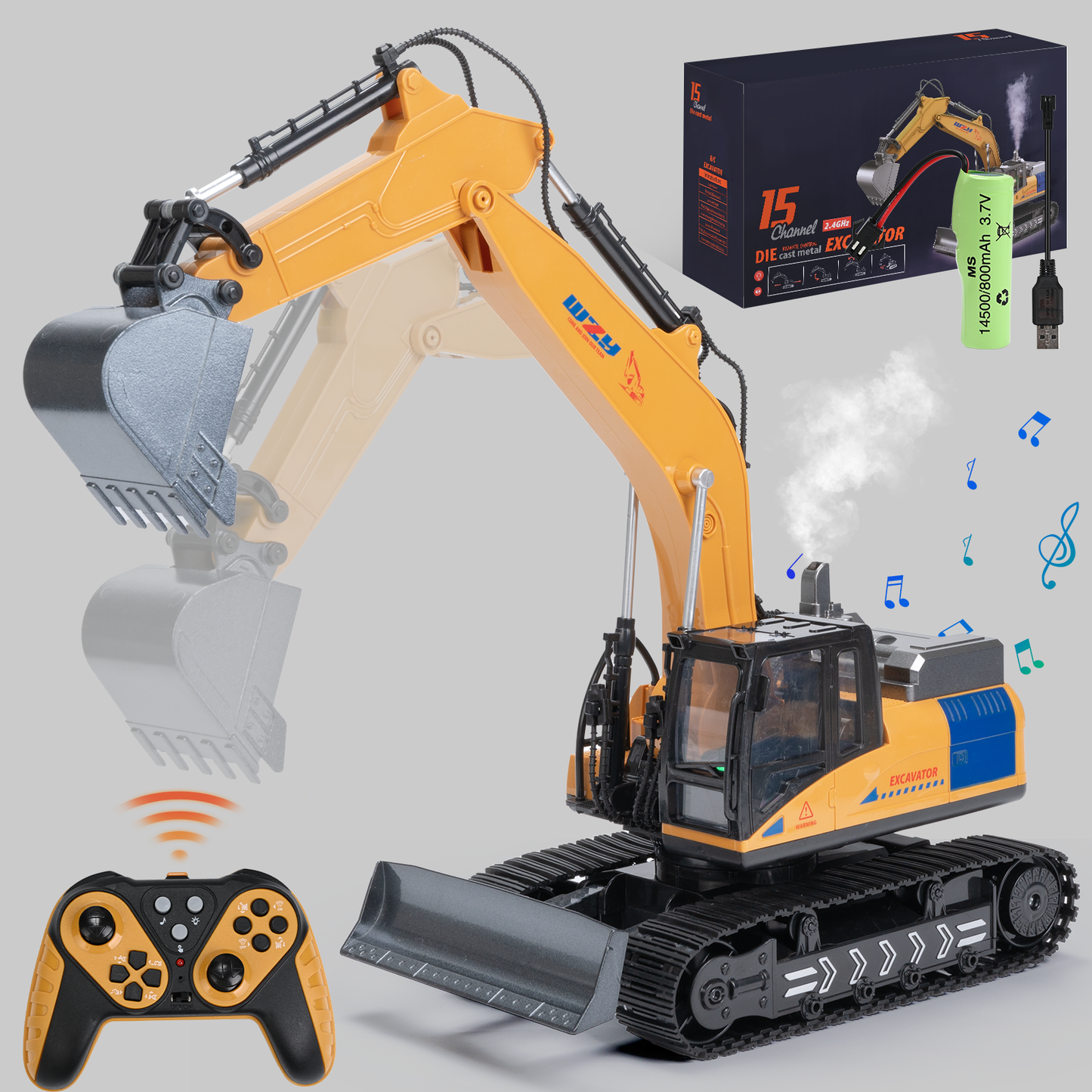 Remote Control Excavator, 15 Channel RC Construction Bulldozer Vehicles Toys with Metal Shovel, Lights, Sounds and Spraying, Gifts for Kids 3-12 Years Old