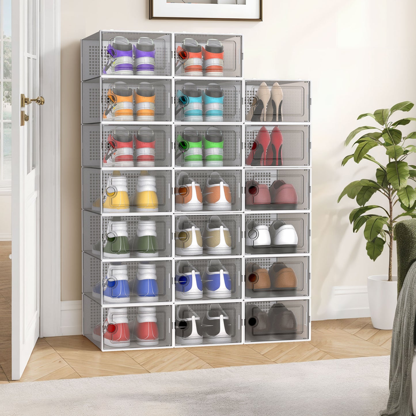 X-Large Shoe Storage Boxes,20 Pack Shoe Storage Organizer,Clear Stackable Shoe Box for Closet,Space Saving Foldable Sneaker Container,White