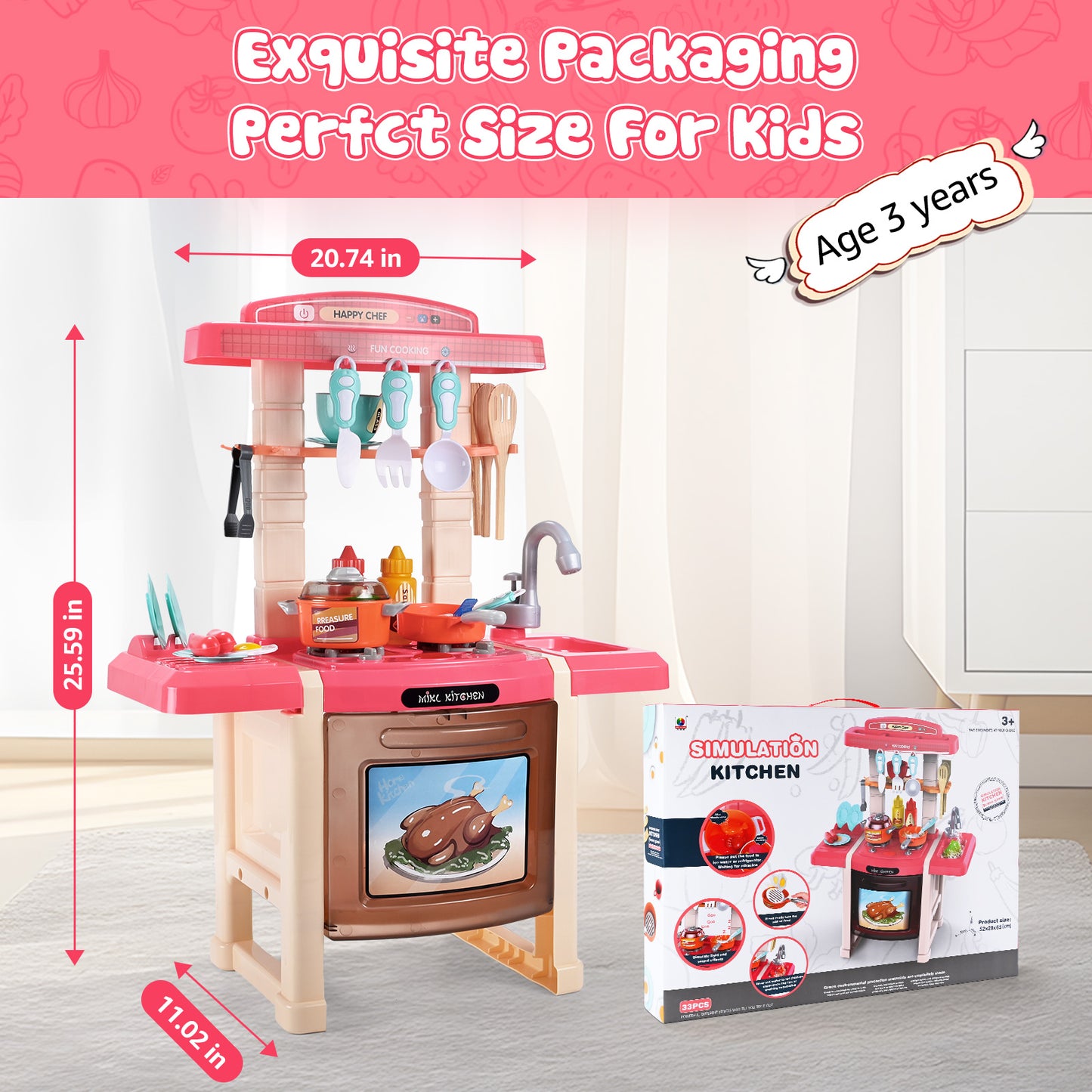 Play Kitchen Set for Kids, 2.1FT Tall Kitchen Playset with Spray & Lights, Kitchen Toy Kitchen Set for Toddlers Girls Boys
