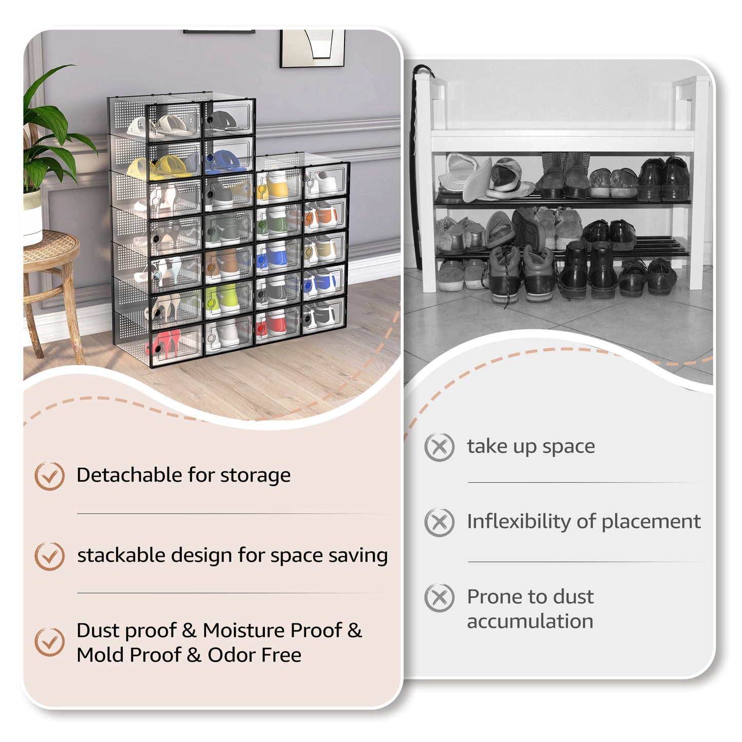 JakMean 24 Pack X-Large Shoe Storage Boxes, Clear Waterproof Stackable Shoe Box Foldable Plastic Shoe Storage Organizer for Entryway, Closet, Black