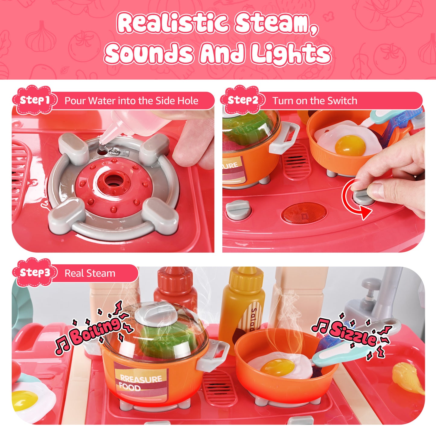 Play Kitchen Set for Kids, 2.1FT Tall Kitchen Playset with Spray & Lights, Kitchen Toy Kitchen Set for Toddlers Girls Boys