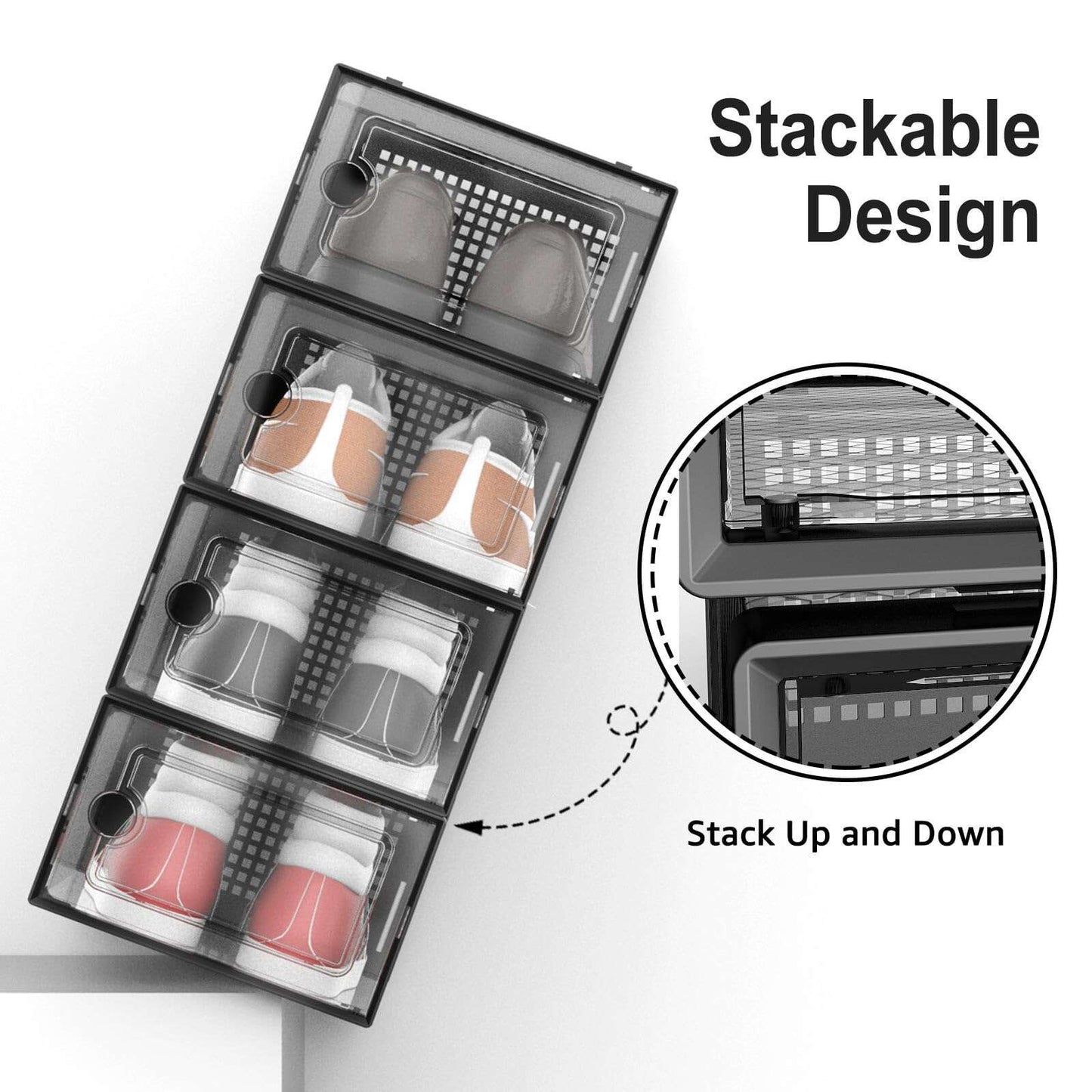 JakMean 15 Pack X-Large Shoe Storage Organizers, Clear Waterproof Stackable Shoe Boxes Foldable Plastic Sneaker Storage Container, Black