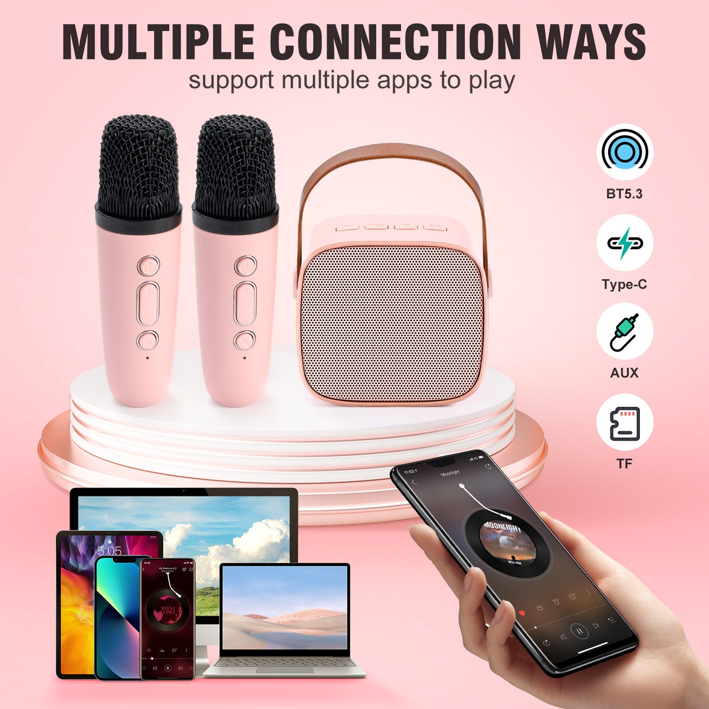 JakMean Mini Karaoke Machine with 2 Wireless Mic & LED Light, Portable Bluetooth Karaoke Singing Speaker for Kids Adults