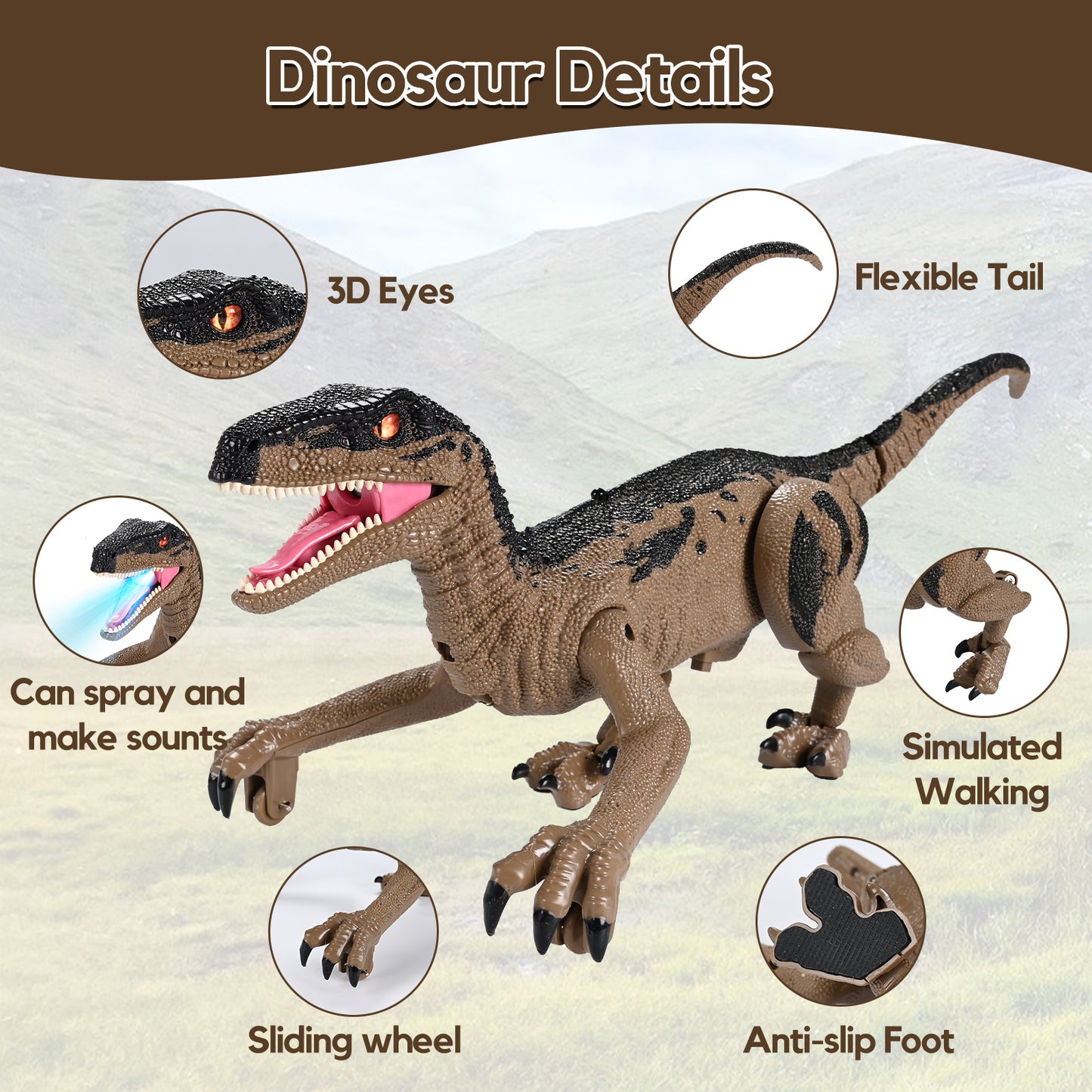 Remote Light Control Dinosaur Toys for Kids, Remote Control Dinosaur with Spray Sound, Walking & Roaring Simulation Velociraptor RC Dinosaur Toys for 3-12 Years Old Boys Girls