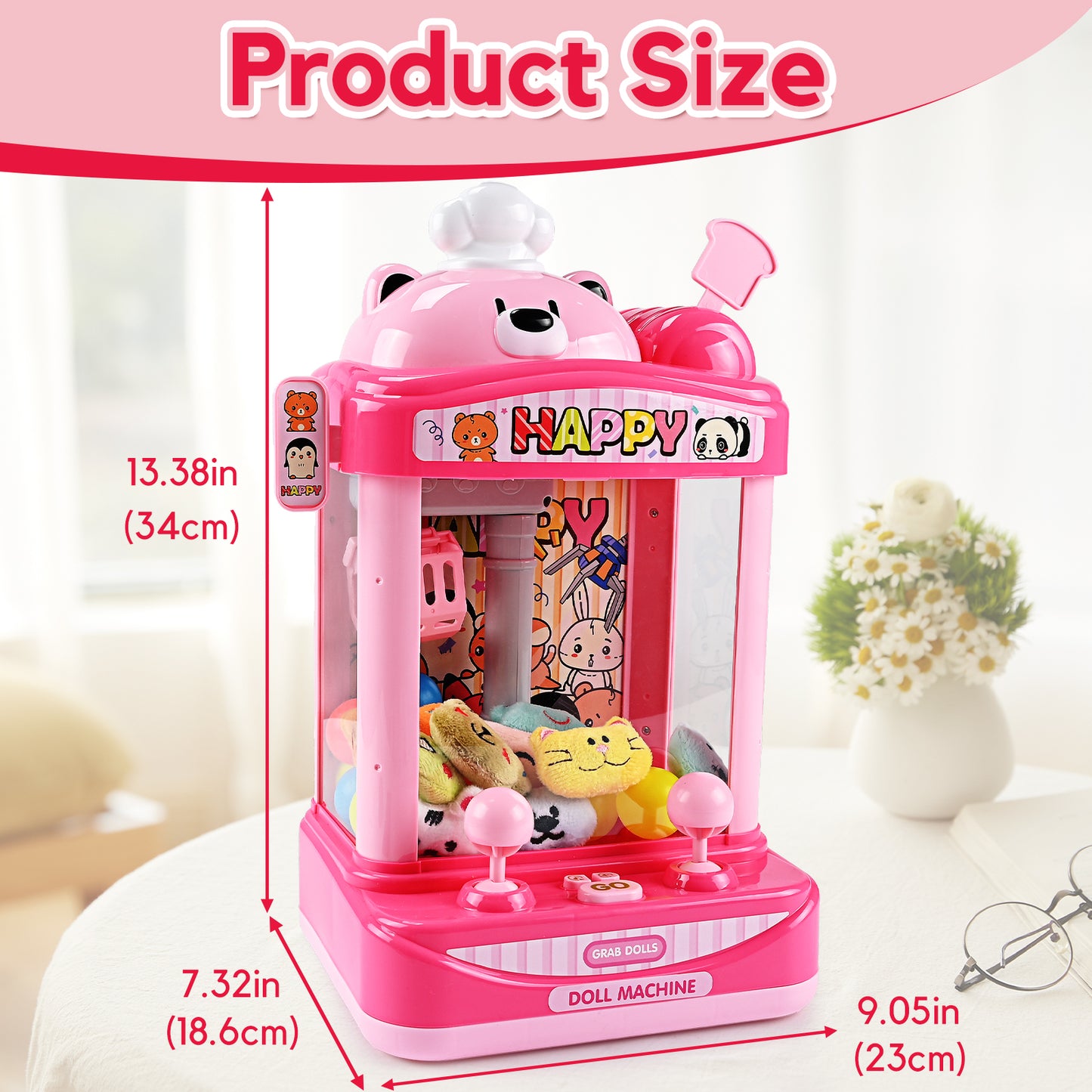 Claw Machine Arcade Toy with Adjustable Sound, Mini Doll Grabber Prize Dispenser Vending Toy Christmas & Birthday Gifts for Kids, Pink