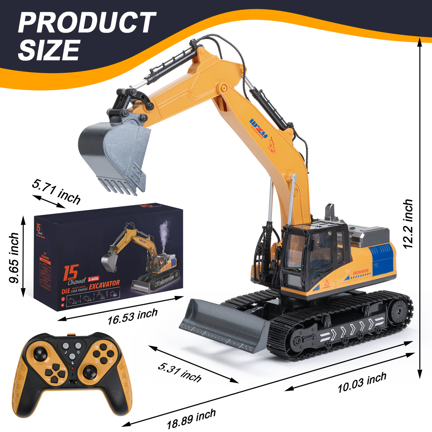 Remote Control Excavator, 15 Channel RC Construction Bulldozer Vehicles Toys with Metal Shovel, Lights, Sounds and Spraying, Gifts for Kids 3-12 Years Old