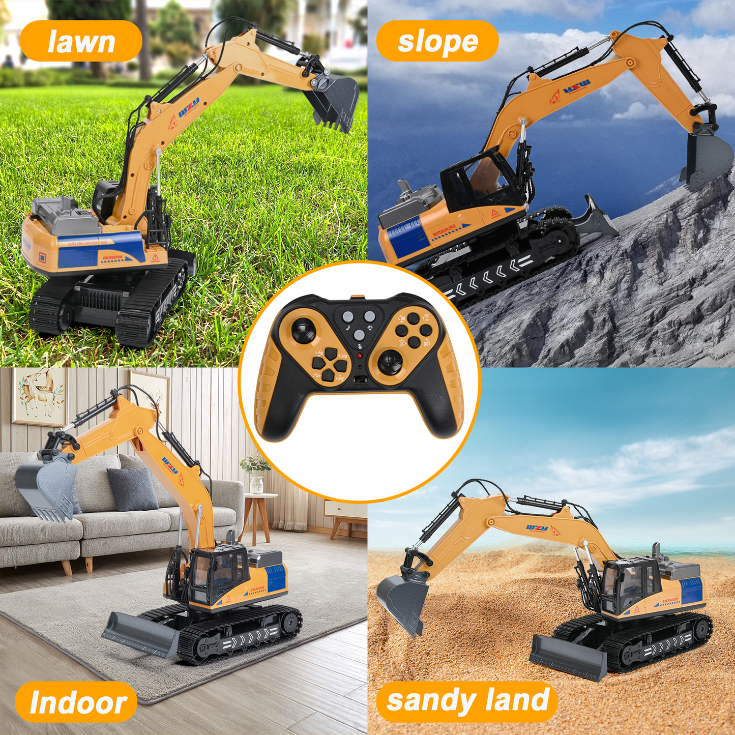 Remote Control Excavator, 15 Channel RC Construction Bulldozer Vehicles Toys with Metal Shovel, Lights, Sounds and Spraying, Gifts for Kids 3-12 Years Old