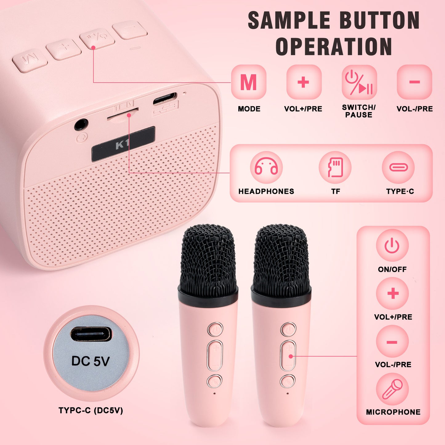 JakMean Mini Karaoke Machine with 2 Wireless Mic & LED Light, Portable Bluetooth Karaoke Singing Speaker for Kids Adults