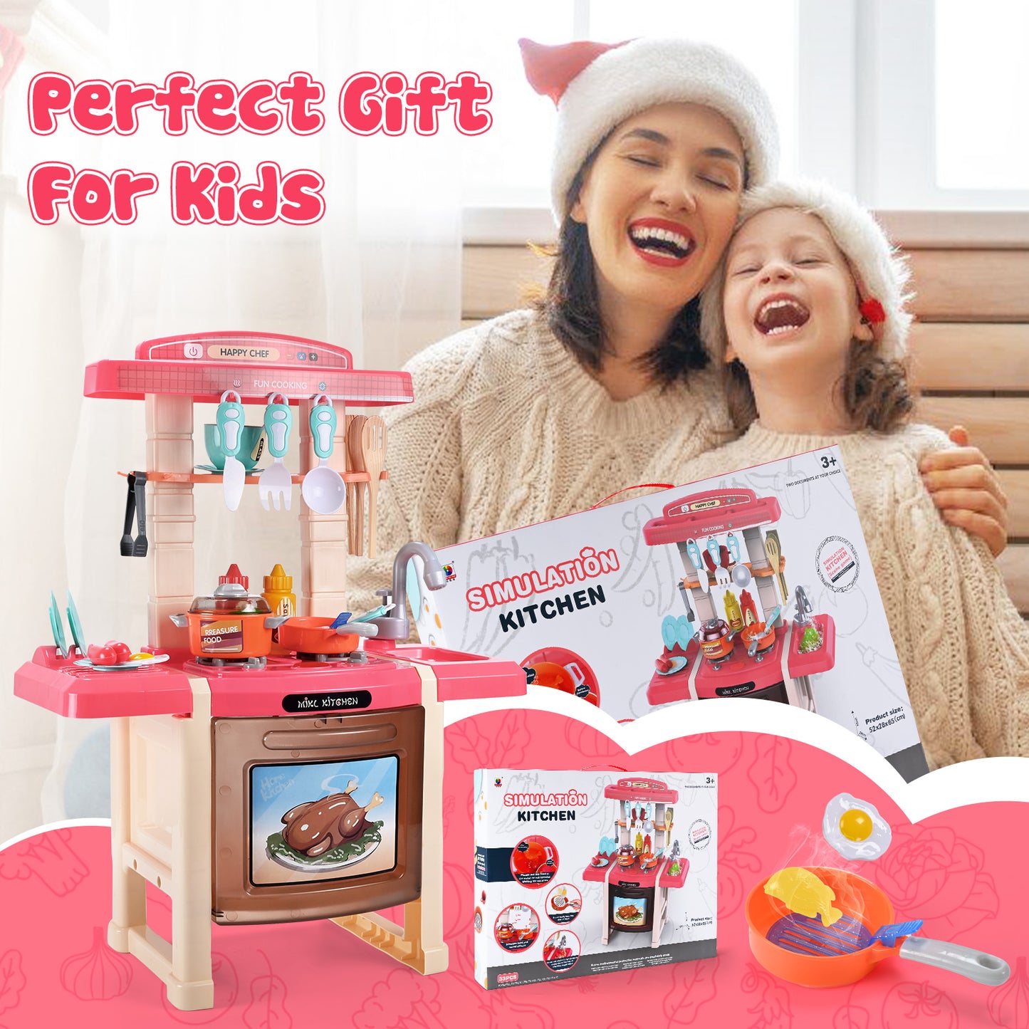 Play Kitchen Set for Kids, 2.1FT Tall Kitchen Playset with Spray & Lights, Kitchen Toy Kitchen Set for Toddlers Girls Boys