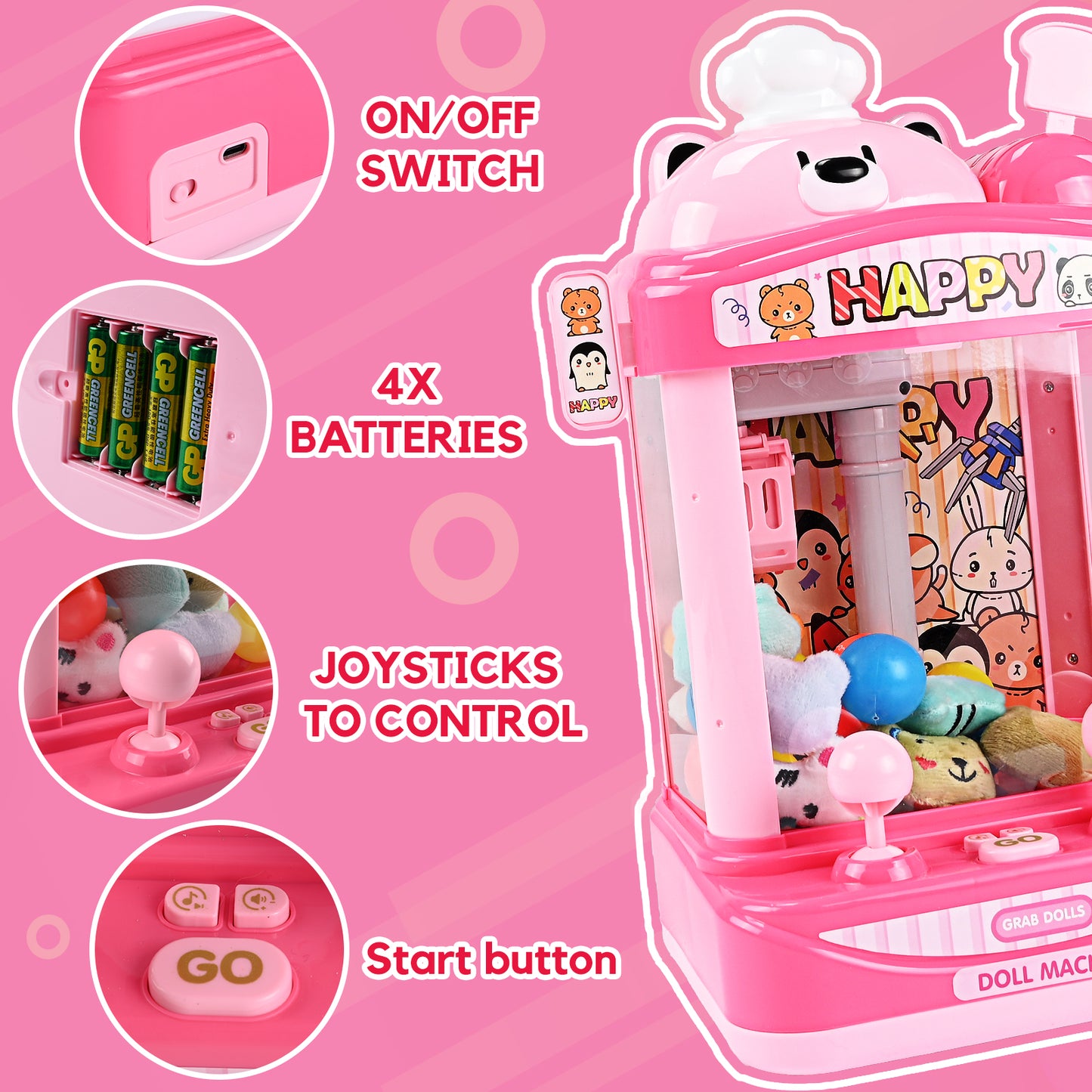 Claw Machine Arcade Toy with Adjustable Sound, Mini Doll Grabber Prize Dispenser Vending Toy Christmas & Birthday Gifts for Kids, Pink