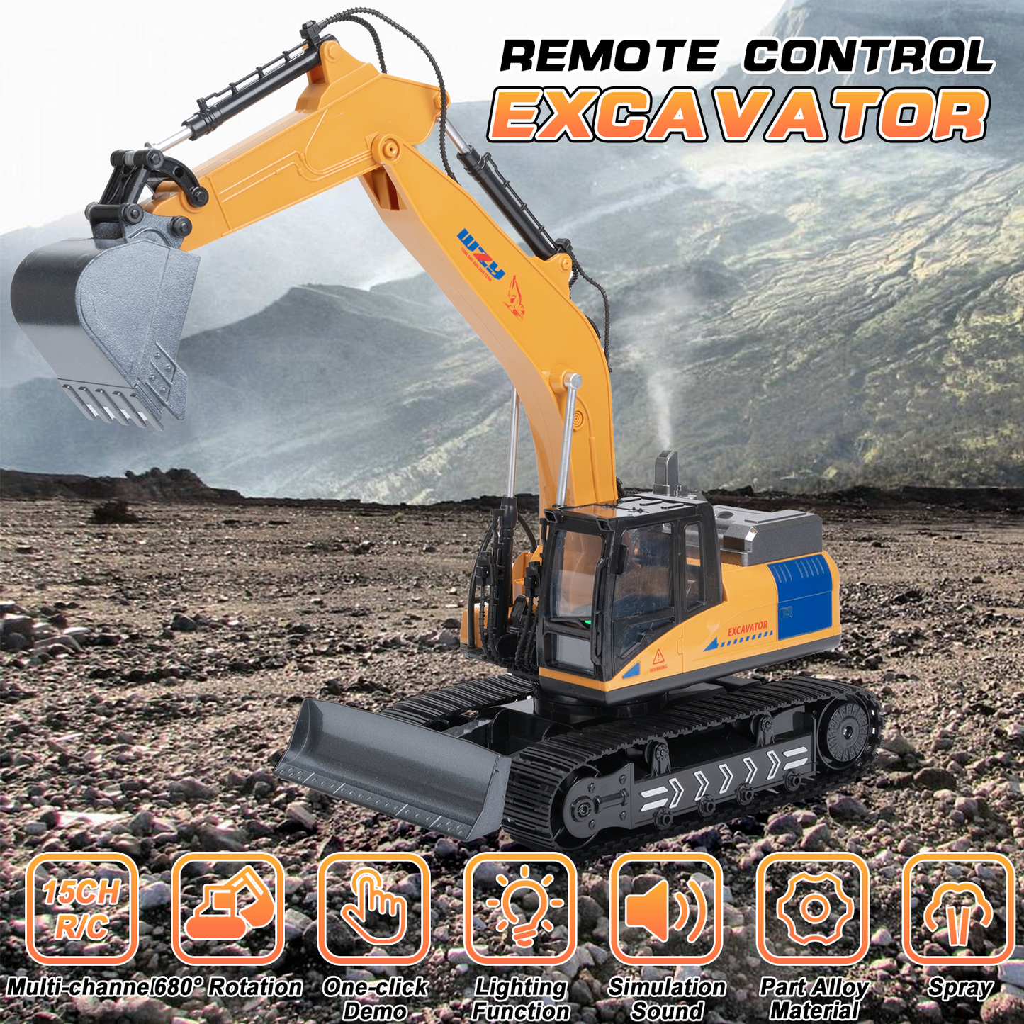 Remote Control Excavator, 15 Channel RC Construction Bulldozer Vehicles Toys with Metal Shovel, Lights, Sounds and Spraying, Gifts for Kids 3-12 Years Old