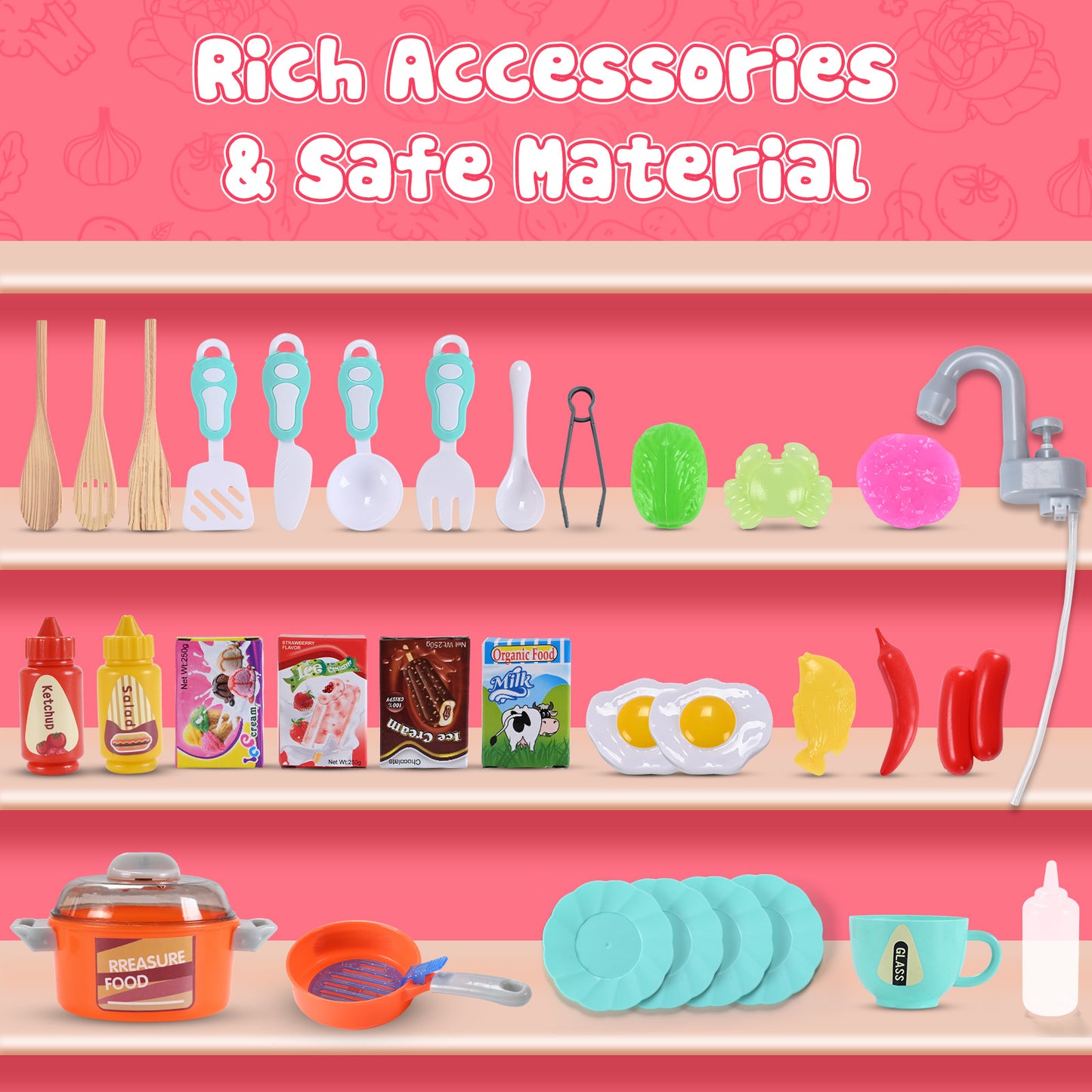 Play Kitchen Set for Kids, 2.1FT Tall Kitchen Playset with Spray & Lights, Kitchen Toy Kitchen Set for Toddlers Girls Boys