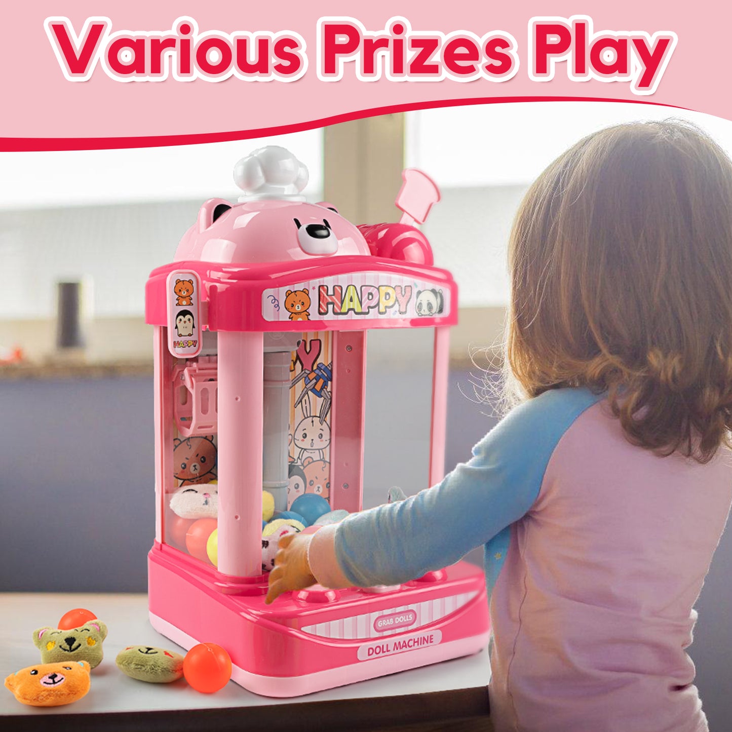 Claw Machine Arcade Toy with Adjustable Sound, Mini Doll Grabber Prize Dispenser Vending Toy Christmas & Birthday Gifts for Kids, Pink