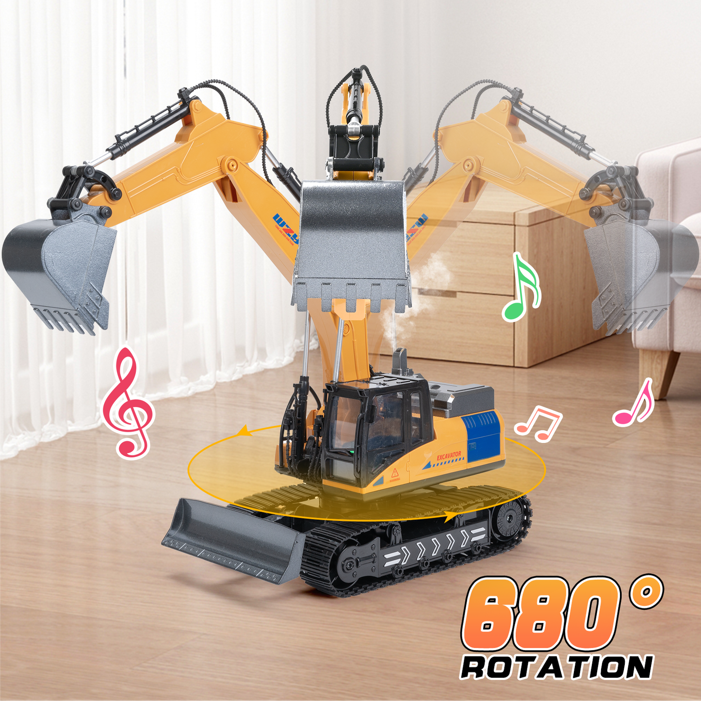 Remote Control Excavator, 15 Channel RC Construction Bulldozer Vehicles Toys with Metal Shovel, Lights, Sounds and Spraying, Gifts for Kids 3-12 Years Old