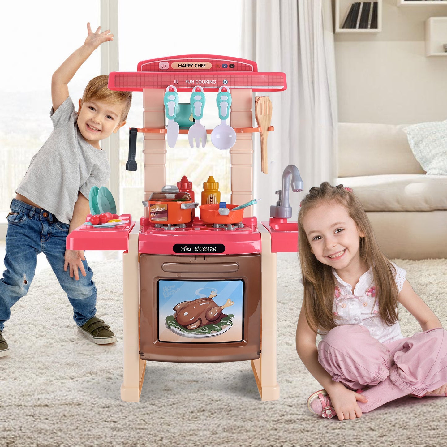 Play Kitchen Set for Kids, 2.1FT Tall Kitchen Playset with Spray & Lights, Kitchen Toy Kitchen Set for Toddlers Girls Boys