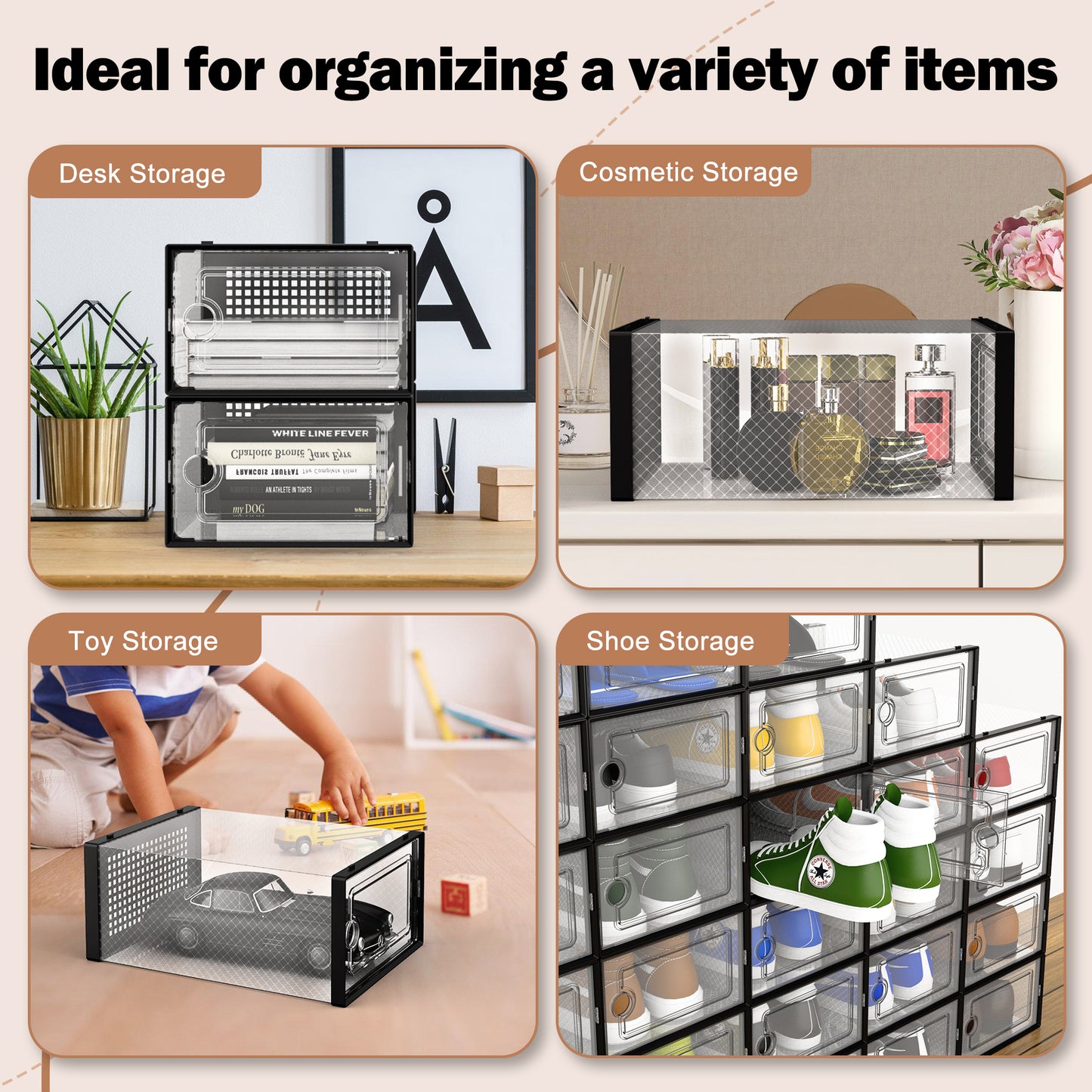 JakMean 24 Pack X-Large Shoe Storage Boxes, Clear Waterproof Stackable Shoe Box Foldable Plastic Shoe Storage Organizer for Entryway, Closet, Black