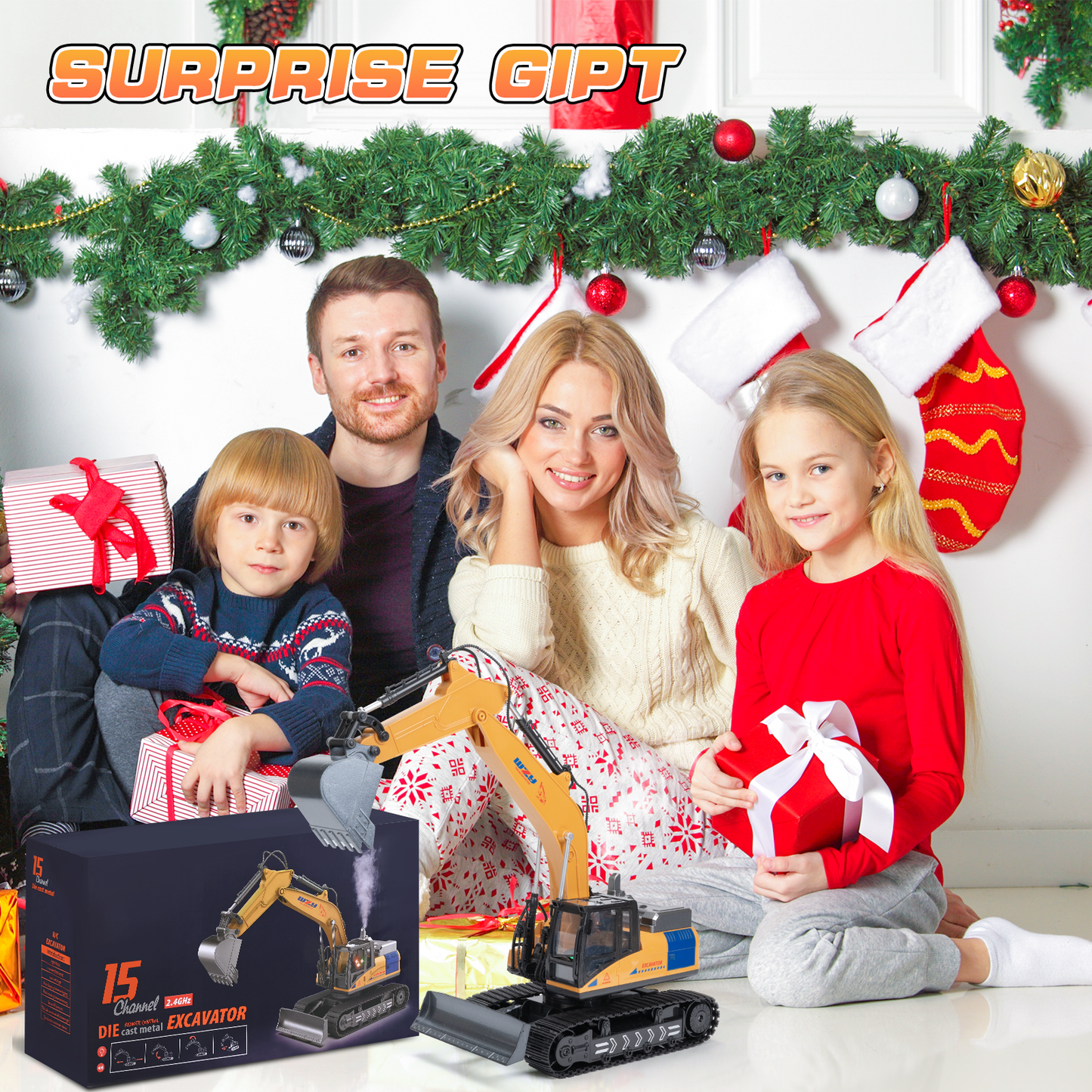 Remote Control Excavator, 15 Channel RC Construction Bulldozer Vehicles Toys with Metal Shovel, Lights, Sounds and Spraying, Gifts for Kids 3-12 Years Old