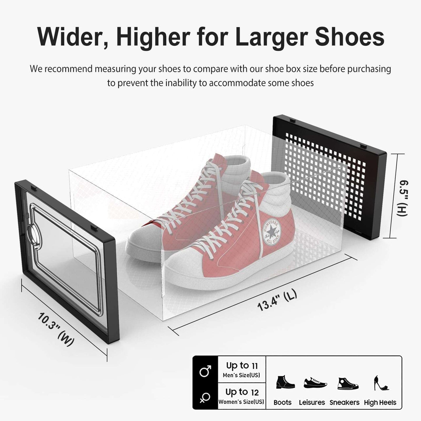 JakMean 15 Pack X-Large Shoe Storage Organizers, Clear Waterproof Stackable Shoe Boxes Foldable Plastic Sneaker Storage Container, Black