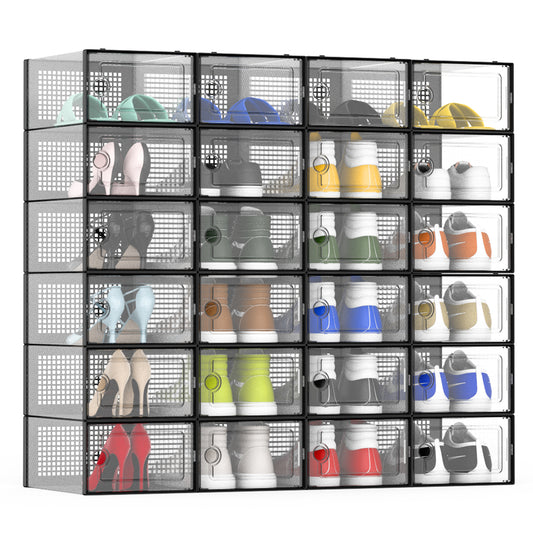 JakMean 24 Pack X-Large Shoe Storage Boxes, Clear Waterproof Stackable Shoe Box Foldable Plastic Shoe Storage Organizer for Entryway, Closet, Black