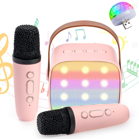 JakMean Mini Karaoke Machine with 2 Wireless Mic & LED Light, Portable Bluetooth Karaoke Singing Speaker for Kids Adults