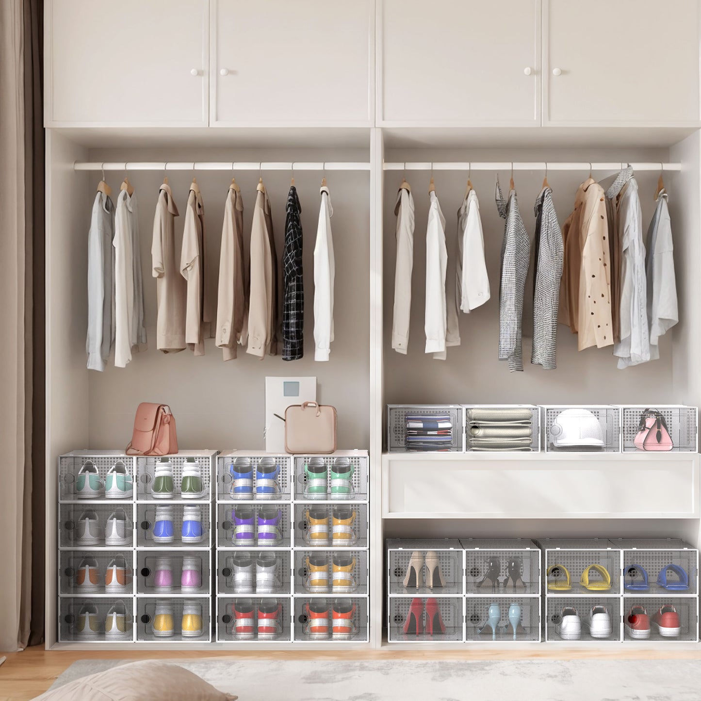 X-Large Shoe Storage Boxes,20 Pack Shoe Storage Organizer,Clear Stackable Shoe Box for Closet,Space Saving Foldable Sneaker Container,White