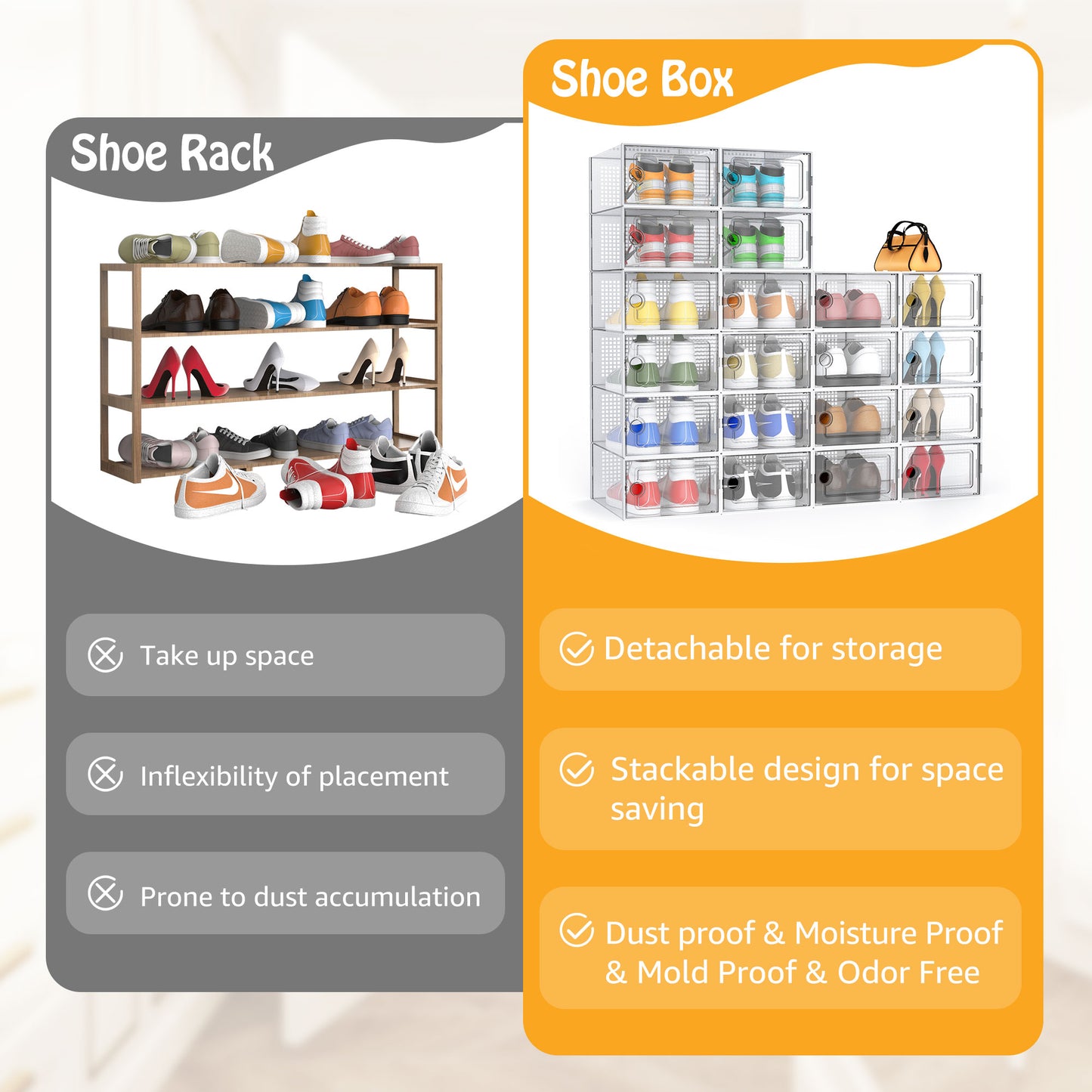 X-Large Shoe Storage Boxes,20 Pack Shoe Storage Organizer,Clear Stackable Shoe Box for Closet,Space Saving Foldable Sneaker Container,White