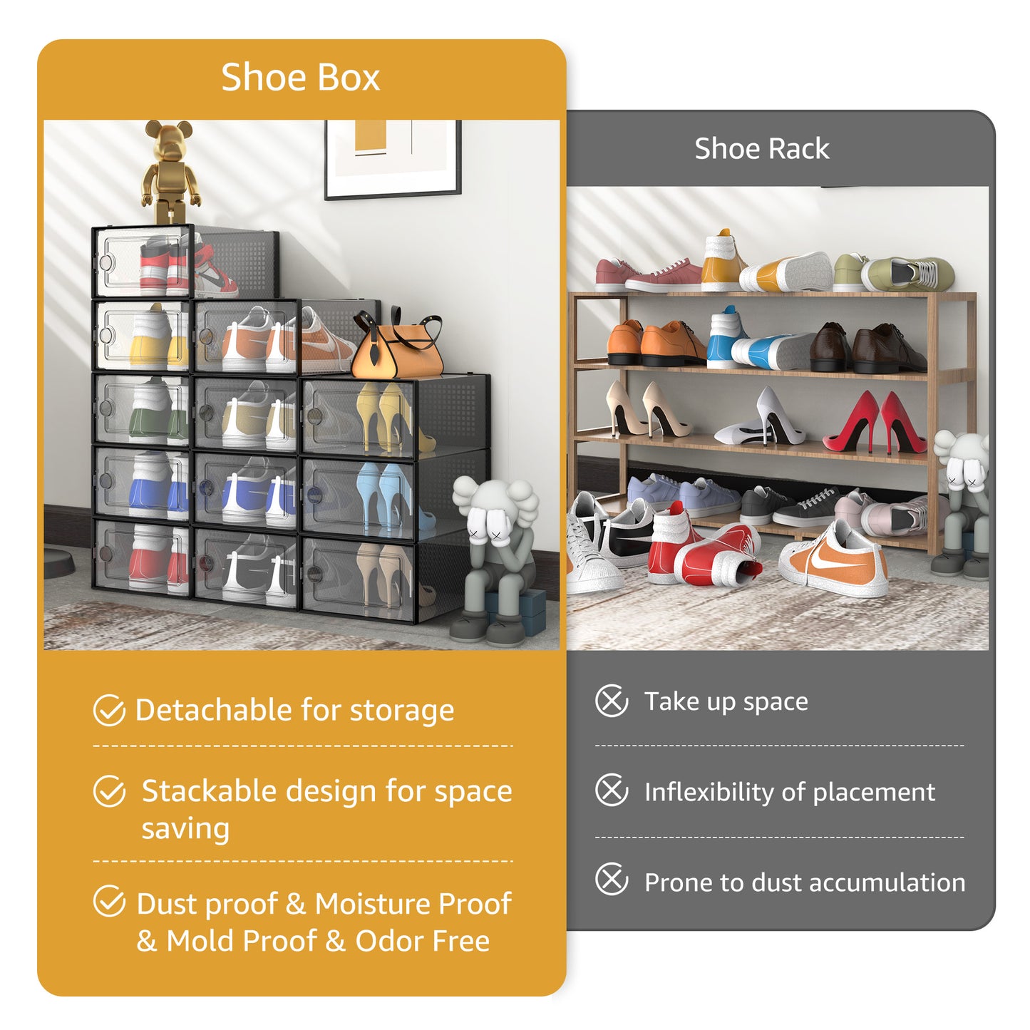 JakMean 20x Stackable Plastic Shoe Organizer, X-Large Clear Waterproof Shoe Box Multifunctional Foldable Sturdy Shoe Storage Organizer for Sneakers Closet