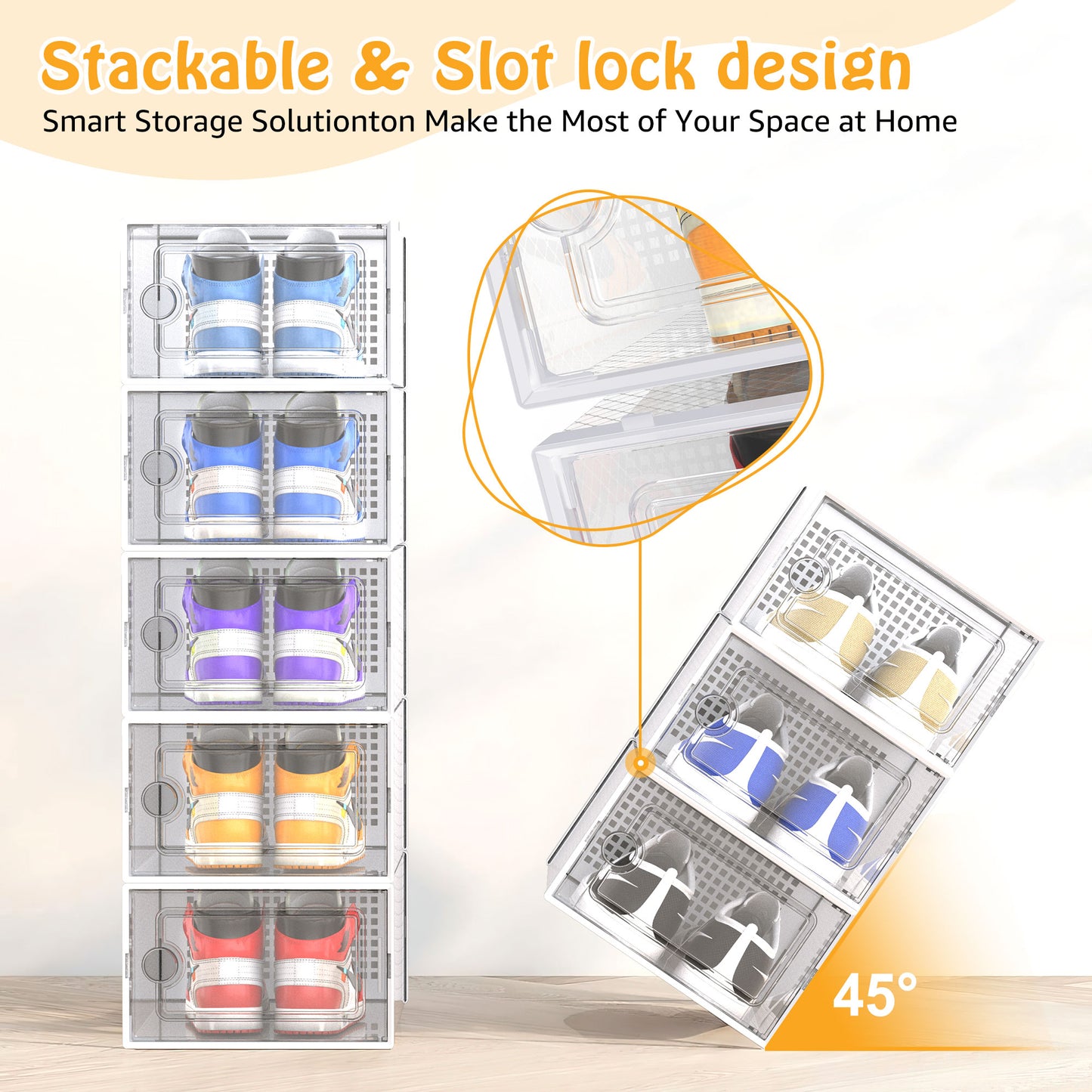 X-Large Shoe Storage Boxes,20 Pack Shoe Storage Organizer,Clear Stackable Shoe Box for Closet,Space Saving Foldable Sneaker Container,White