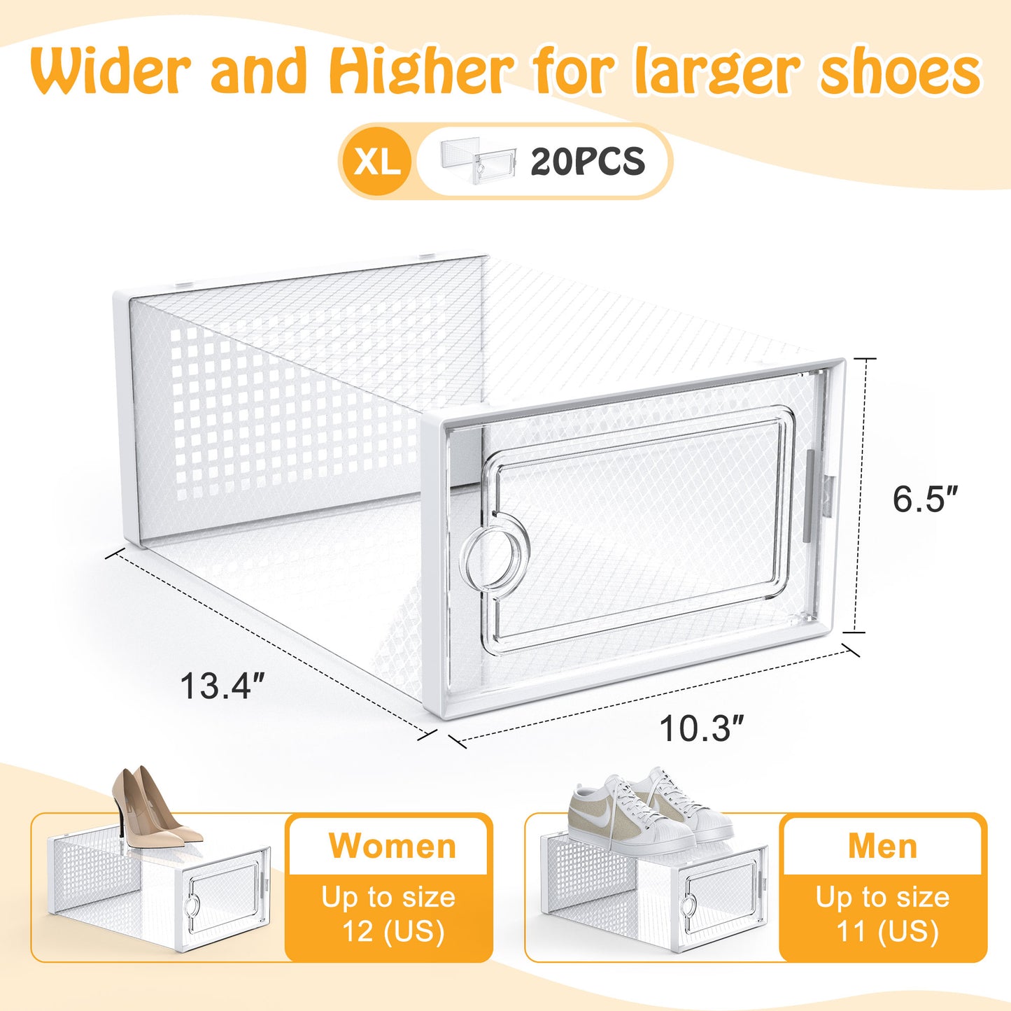 X-Large Shoe Storage Boxes,20 Pack Shoe Storage Organizer,Clear Stackable Shoe Box for Closet,Space Saving Foldable Sneaker Container,White