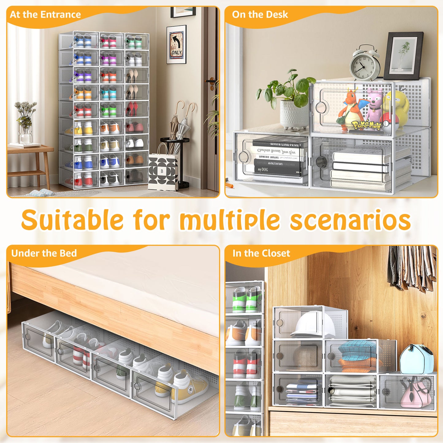 X-Large Shoe Storage Boxes,20 Pack Shoe Storage Organizer,Clear Stackable Shoe Box for Closet,Space Saving Foldable Sneaker Container,White