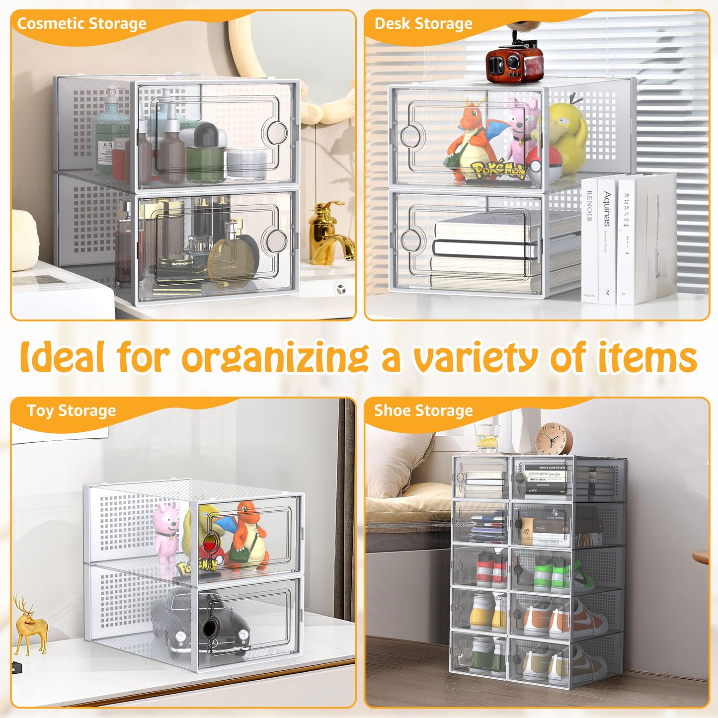 X-Large Shoe Storage Boxes,20 Pack Shoe Storage Organizer,Clear Stackable Shoe Box for Closet,Space Saving Foldable Sneaker Container,White