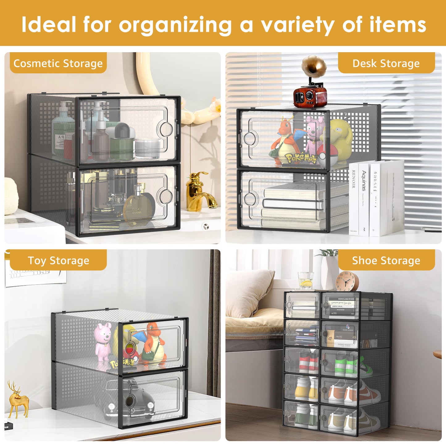 JakMean 20x Stackable Plastic Shoe Organizer, X-Large Clear Waterproof Shoe Box Multifunctional Foldable Sturdy Shoe Storage Organizer for Sneakers Closet
